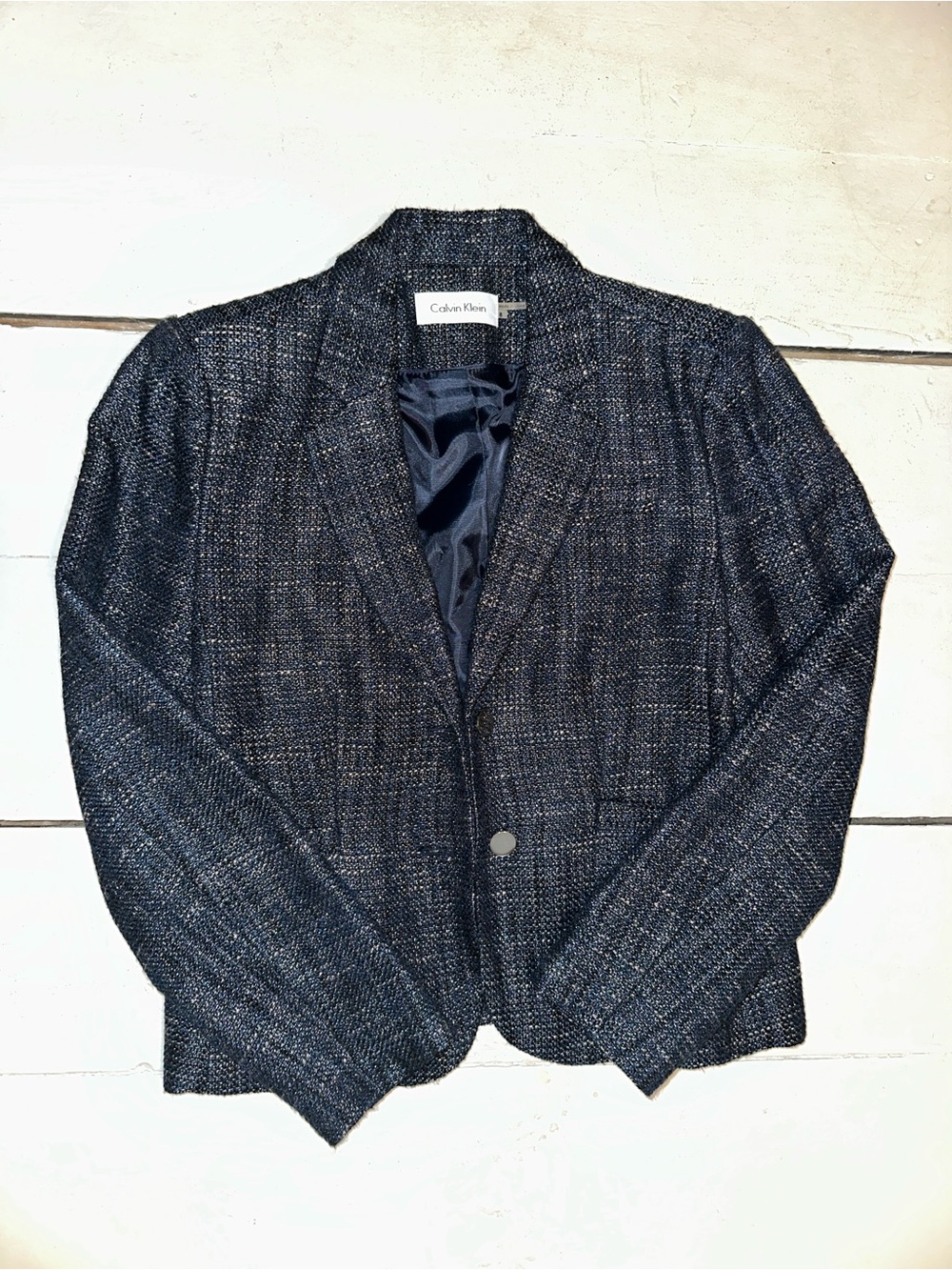 Calvin Klein Dark Navy Tweed Blazer with Silver Accents